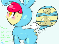 Size: 640x480 | Tagged: explicit, artist:mrmilky, apple bloom, anus, blushing, bunny bloom, bunny costume, clothes, crying, dialogue, emanata, female, foalcon, g4, imported from derpibooru, nudity, ponut, shaking, skintight clothes, solo, solo female, torn clothes, vulva, wardrobe malfunction
