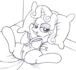 Size: 2500x2300 | Tagged: explicit, artist:an-tonio, sweetie belle, anus, bed, belly button, derpibooru exclusive, female, filly, foal, foalcon, g4, high res, imported from derpibooru, monochrome, nudity, pillow, presenting, ribbon, solo, solo female, spread legs, traditional art, vulva