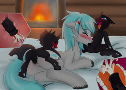 Size: 4352x3121 | Tagged: explicit, artist:potzm, oc, oc:icyhaze, age difference, ahegao, balls, blowjob, blushing, butt, changeling, clitoris, creampie, cum, cum in mouth, cumming, drool, eyes closed, female, floppy ears, fluffy, foalcon, gift art, group sex, horsecock, human vulva on pony, imported from derpibooru, larger female, male, mare, nudity, oc only, open mouth, oral, penetration, penis, plot, pony, prone, reasonably sized genitals, sex, shipping, size difference, smaller male, smiling, straight, threesome, tongue out, unshorn fetlocks, vaginal, vaginal secretions, vulva, wink, x-ray