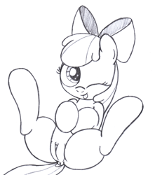Size: 2000x2260 | Tagged: explicit, artist:an-tonio, apple bloom, anus, cute, cute porn, derpibooru exclusive, earth pony, female, filly, foal, foalcon, g4, genitals, high res, imported from derpibooru, lineart, monochrome, nudity, pony, solo, solo female, tongue out, traditional art, vulva, wink