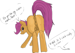 Size: 2841x1989 | Tagged: explicit, artist:opnioc, scootaloo, anatomically correct, anus, bent over, butt, crotchboobs, crusaders of the lost mark, dark genitals, dock, female, foalcon, g4, imported from derpibooru, looking back, my little pony: friendship is magic, nipples, nudity, plot, ponut, realistic, smiling, solo, solo female, teats, text, vulva