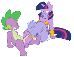 Size: 1027x794 | Tagged: explicit, artist:sweethd, spike, twilight sparkle, anthro, balls, barefoot, breasts, cleavage, clothed female nude male, clothes, dragon, feet, female, foalcon, foot fetish, footjob, g4, gritted teeth, harem outfit, imported from derpibooru, male, nudity, penis, plantigrade anthro, ship:twispike, shipping, simple background, straight, unamused, white background, wink