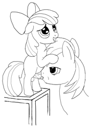 Size: 1919x2702 | Tagged: explicit, artist:age3rcmature, apple bloom, applecest, big macintosh, blowjob, box, brother and sister, earth pony, female, foalcon, futa, futa apple bloom, futa on male, g4, hair bow, imported from derpibooru, incest, intersex, licking cock, lidded eyes, lineart, male, monochrome, nudity, open mouth, oral, penis, pony, ship:macbloom, shipping, siblings, simple background, small penis, smiling, stallion, table, tongue out, white background
