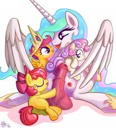 Size: 1500x1646 | Tagged: explicit, artist:sorcerushorserus, apple bloom, princess celestia, scootaloo, sweetie belle, accessory swap, alicorn, anal, anus, balls, breast milk, breastfeeding, butt, celestia's crown, crotchboobs, cutie mark crusaders, derpibooru exclusive, drool, drool string, earth pony, female, filly, foal, foalcon, french kiss, futa, futa on female, futa on filly, futa princess celestia, g4, horsecock, imported from derpibooru, impossible fit, intersex, kissing, lactation, nipples, nudity, open mouth, pegasus, penetration, penis, pink horsecock, plot, pony, pony on pony action, scootlestia, sex, ship:celestibloom, shipping, simplistic anus, size difference, smiling, spreading, suckling, sweetielestia, teats, tongue out, unicorn, vulva