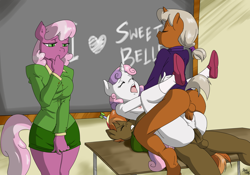Size: 2000x1400 | Tagged: explicit, artist:brainsucks, button mash, sweetie belle, oc, oc:copper decree, ahegao, anal, anthro, balls, bedroom eyes, blushing, breasts, canon x oc, chalk, chalkboard, cheerilee, classroom, clothed female nude female, clothed male nude female, clothed sex, clothes, double penetration, exhibitionism, eyes closed, female, finger bite, finger in mouth, fingering, foalcon, g4, group sex, heart, horny, imported from derpibooru, male, masturbation, nipples, nudity, open mouth, penis, plantigrade anthro, public sex, sex, ship:sweetiemash, shipping, shoes, socks, straight, straight shota, student, students, teacher, teacher and student, threesome, tongue out, unicorn, vaginal, voyeur, voyeurism, watching, writing