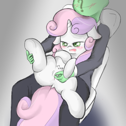 Size: 600x600 | Tagged: explicit, artist:fromamida, sweetie belle, oc, oc:anon, blushing, canon x oc, clitoris, clothes, dock, floppy ears, foalcon, g4, human, human on pony action, human vulva on pony, imported from derpibooru, interspecies, no anus, nudity, open mouth, pony, unicorn, vulva