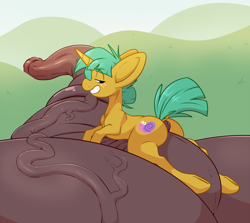 Size: 1200x1069 | Tagged: explicit, artist:sb, anus, balls, balls on floor, bedroom eyes, big penis, butt, colt, dead source, foal, foalcon, g4, hyper, hyper balls, hyper penis, hyper snails, imported from derpibooru, impossibly large balls, impossibly large penis, impossibly long penis, long penis, lying on cock, male, nudity, penis, plot, ponut, pony, snailbutt, snails, solo, solo male, unicorn, wat