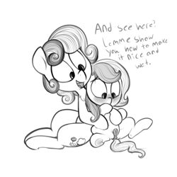 Size: 1200x1200 | Tagged: explicit, artist:whydomenhavenipples, oc, age difference, anatomically correct, anus, blushing, cutie mark, dark genitals, dialogue, female, filly, foal, foalcon, imported from derpibooru, lesbian, looking down, mare, mare on filly, molestation, monochrome, nudity, oc only, open mouth, ponut, pony, presenting, sex education, simple background, sitting, sketch, smiling, spread legs, underhoof, vulva, white background