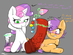 Size: 800x600 | Tagged: explicit, artist:mrmilky, scootaloo, sweetie belle, anal beads, armpits, bondage, dildo, female, foalcon, g4, imported from derpibooru, impractically large sex toy, lesbian, sex toy, vaginal secretions