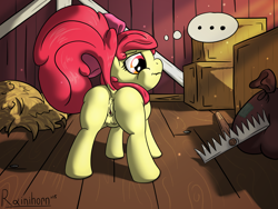 Size: 3264x2448 | Tagged: explicit, artist:rainihorn, apple bloom, ..., anus, clitoris, crotchboobs, dock, earth pony, female, filly, foal, foalcon, g4, high res, imported from derpibooru, nipples, nudity, pony, presenting, rake, scrunchy face, solo, solo female, teats, thought bubble, vulva