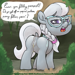 Size: 1500x1500 | Tagged: explicit, artist:smudge proof, silver spoon, alliteration, anus, commission, crotchboobs, delicious flat crotch, disgusted, female, foalcon, g4, imported from derpibooru, looking at you, nipples, nudity, pissing, ponut, solo, solo female, urine, vulva, watersports