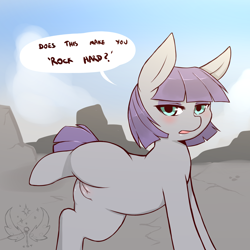 Size: 1600x1600 | Tagged: explicit, artist:cold-blooded-twilight, blushing, dialogue, earth pony, eyeshadow, female, filly, foal, foalcon, g4, human vulva on pony, imported from derpibooru, looking at you, makeup, maud pie, nudity, open mouth, pony, puffy vulva, raised leg, solo, solo female, speech bubble, vulva