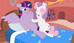 Size: 4000x2340 | Tagged: explicit, artist:dontworryaboutitkid, sweetie belle, twilight sparkle, age difference, alicorn, anatomically correct, anus, bed, big penis, erection, eyes closed, female, filly, foal, foalcon, futa, futa on female, futa on filly, futa twilight sparkle, g4, golden oaks library, high res, hoofjob, horn, horsecock, imported from derpibooru, intersex, kneeling, licking cock, nudity, on back, on bed, one eye closed, oral, penis, ponut, pony, sex, ship:twibelle, tongue out, twilight is a foal fiddler, unicorn, vulva