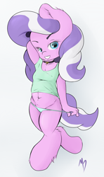 Size: 2000x3377 | Tagged: questionable, artist:mdgusty, diamond tiara, anthro, belly button, breasts, cameltoe, clothes, collar, earth pony, female, foalcon, g4, high res, imported from derpibooru, looking at you, missing accessory, panties, panty pull, sexy, solo, solo female, t-shirt, underwear