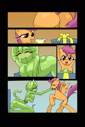 Size: 1280x1920 | Tagged: questionable, artist:nana-gel, scootaloo, oc, oc:midorigel, anus, blushing, breasts, comic, female, females only, foalcon, g4, goo, goo pony, heart, imported from derpibooru, letter, nudity, original species, present, simplistic anus, tentacles