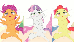 Size: 900x506 | Tagged: explicit, artist:mostazathy, artist:sadieyule, apple bloom, scootaloo, sweetie belle, animated, belly button, blushing, clitoris, cutie mark crusaders, dominant pov, edit, female, filly, floppy ears, foal, foalcon, g4, gif, human, human male, human male on filly, human male on mare, human on pony action, human vulva on pony, imported from derpibooru, interspecies, lip bite, lying down, male, male pov, mare, nudity, offscreen character, offscreen male, on back, penetration, pony, pov, reasonably sized genitals, sex, smiling, straight, too hot for putin, vaginal, vaginal secretions, vulva