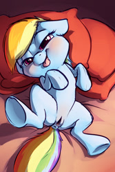 Size: 800x1200 | Tagged: explicit, artist:carrot, rainbow dash, anus, blushing, cute, cute porn, dashabetes, female, filly, filly rainbow dash, floppy ears, foal, foalcon, g4, imported from derpibooru, looking at you, nudity, on back, ponut, presenting, solo, solo female, spread legs, tongue out, underhoof, vagina, younger
