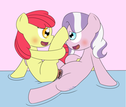 Size: 2000x1700 | Tagged: explicit, artist:pvryohei, apple bloom, diamond tiara, female, foalcon, g4, imported from derpibooru, lesbian, missing accessory, nudity, sex, ship:diamondbloom, shipping, tribadism, vagina, vaginal secretions