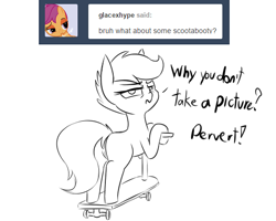 Size: 540x432 | Tagged: questionable, artist:rice, scootaloo, ask, butt, engrish, female, foalcon, g4, genitals, imported from derpibooru, monochrome, nudity, pervert, plot, pony, scootabutt, scooter, scrunchy face, simplistic vulva, sketch, solo, solo female, tumblr, vulva