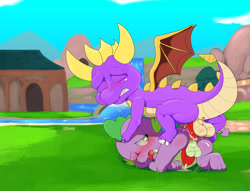Size: 1400x1067 | Tagged: explicit, artist:redemption3445, spike, anal, anal creampie, anal orgasm, anus, ass, ass up, balls, balls blush, blushing, butt, butt blush, creampie, crossover, cum, cum while penetrated, cumming, dragon, dragon on dragon action, dragonbutt, exhibitionism, eyes closed, face down ass up, foalcon, g4, gay, hands free, imported from derpibooru, looking back, male, nudity, orgasm, orgasm cumshot, penis, public sex, sex, ship:spikero, shipping, simultaneous orgasm, spikebutt, spyro the dragon, spyro the dragon (series), tongue out, video game, village, waterfall, wingless spike
