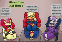 Size: 1500x1006 | Tagged: explicit, grimdark, artist:smudge proof, apple bloom, applejack, sweetie belle, abandon all hope, anthro, anus, app-el, applesub, bloomsub, bondage, bondage furniture, breasts, busty applejack, clothes, collar, costume, delicious flat chest, dock, earth pony, fall of equestria, female, femsub, flatie belle, flattle bloom, foalcon, frontbend, g4, gag, goddammit sirius, humiliation, imported from derpibooru, kidnapped, kryptonite, latex, looking at you, nudity, presenting, public use, rape, rape rack, ring gag, submissive, superfilly, supermare, sweetie do well, sweetiesub, tongue out, torn clothes, underhoof, unguligrade anthro, vagina, vaginal secretions