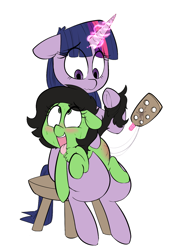 Size: 1040x1440 | Tagged: explicit, artist:whydomenhavenipples, twilight sparkle, oc, oc:anon, oc:filly anon, accidental foalcon, ahegao, algolagnia, blushing, chest fluff, disciplinary action, discipline, female, filly, floppy ears, foal, foalcon, frog (hoof), g4, human to pony, implied foalcon, imported from derpibooru, lesbian, magic, mare on filly, open mouth, over the knee, paddle, paddling, pleasure, pony, punishment, punishment fail, simple background, spanking, sweat, telekinesis, tongue out, twilight is a foal fiddler, underhoof, vaginal secretions, white background