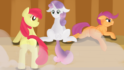 Size: 1280x720 | Tagged: explicit, artist:jbond, apple bloom, scootaloo, sweetie belle, anus, crotchboobs, cutie mark crusaders, dock, earth pony, female, filly, foal, foalcon, g4, imported from derpibooru, nipples, nudity, pegasus, pony, rear view, sauna, sitting, spread legs, spreading, tail, trio, unicorn, vulva