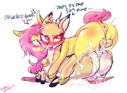 Size: 1300x950 | Tagged: explicit, artist:lunarmarshmallow, fluttershy, 180 penis, anal, anal creampie, anus, ass, balls, blushing, bramble, brambleshy, butt, crossdressing, cum, deer, dickgirl, eyeshadow, foalcon, futa, futa fluttershy, futa on male, imported from derpibooru, intersex, lip bite, lipstick, makeup, male, nudity, penetration, penis, plot, ponut, pony, pony on deer action, sex, shipping, simple background, white background