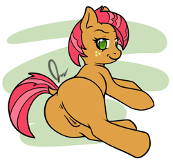 Size: 1120x1042 | Tagged: explicit, artist:anonjg, babs seed, anus, blank flank, buns seed, butt, female, foalcon, g4, imported from derpibooru, looking at you, nudity, pixiv, plot, solo, solo female, vaginal secretions, vulva
