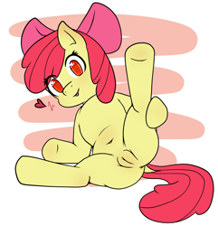 Size: 1385x1438 | Tagged: explicit, artist:anonjg, apple bloom, anus, belly button, bloom butt, butt, cute, cute porn, eye clipping through hair, female, foalcon, g4, genitals, heart, imported from derpibooru, looking at you, nudity, plot, pony, simplistic anus, solo, solo female, spread legs, tongue out, vulva