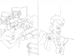 Size: 1600x1200 | Tagged: explicit, semi-grimdark, artist:datspaniard, oc, oc:deep injection, 2 panel comic, balls, butt, comic, foalcon, g4, gay, genitals, horn, imported from derpibooru, male, medic, molestation, monochrome, nudity, penis, plot, pony, reasonably sized genitals, rumble, surgeon, surgery, unicorn