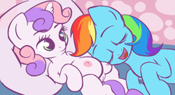 Size: 6600x3600 | Tagged: explicit, artist:megaherts, rainbow dash, sweetie belle, big crotchboobs, booberty, crotchboob pillow, crotchboobs, erect nipples, female, foalcon, g4, huge crotchboobs, imported from derpibooru, impossibly large crotchboobs, indoors, lesbian, mare on filly, nipples, nudity, oppai loli, pillow, pony, ship:sweetiedash, source needed, vulva