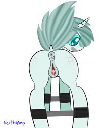 Size: 1657x1971 | Tagged: explicit, artist:asknoxthepony, oc, oc:deep blue, anatomically correct, anus, bondage, clitoris, female, filly, foal, foal quest, foalcon, gag, imported from derpibooru, nudity, oc only, ponut, solo, solo female, tape, tape gag, vagina, vaginal secretions, vulva, vulvar winking