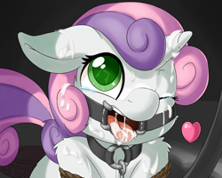 Size: 2500x2000 | Tagged: explicit, artist:fearingfun, sweetie belle, alternate version, bdsm, bondage, collar, crying, cum, cum in mouth, cum on horn, dominant pov, drool, eye reflection, facial, female, filly, floating heart, fluffy, foal, foalcon, g4, gag, heart, high res, horn, implied straight, imported from derpibooru, leash, looking up, offscreen character, one eye closed, open mouth, pet bowl, pet play, pony, pov, reflection, ring gag, rope, rope bondage, solo, solo female, spider gag, tongue out, unicorn
