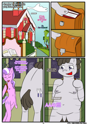 Size: 1238x1744 | Tagged: explicit, artist:otakon, diamond tiara, comic:the belle and the fat, anthro, backpack, belly button, breasts, casual nudity, comic, delicious flat chest, fat, foalcon, g4, imported from derpibooru, moobs, nipples, nudity, patreon, penis, truffle shuffle, vulva