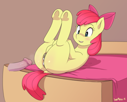 Size: 2288x1835 | Tagged: explicit, artist:devo87, apple bloom, aftersex, anus, apple bloom's bow, bed, blushing, bow, butt, creampie, cum, cute, cute porn, disembodied penis, dock, earth pony, female, filly, foal, foalcon, g4, hair bow, human, human male, human male on filly, human on pony action, human penis, imported from derpibooru, interspecies, legs in air, male, nudity, on back, penis, plot, pony, straight, underhoof, vein, veiny cock, vulva