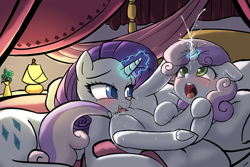 Size: 1125x750 | Tagged: explicit, artist:lumineko, rarity, sweetie belle, age difference, bed, belle sisters, blushing, cunnilingus, dock, drool, duo, duo female, female, female ejaculation, filly, foal, foalcon, g4, genitals, horn, horngasm, imported from derpibooru, incest, lesbian, magic, magical stimulation, magical unicorn mayonnaise, mare, mare on filly, nudity, open mouth, oral, pony, raricest, sex, ship:raribelle, shipping, siblings, sisters, sweat, underhoof, unicorn, vagina, vaginal secretions, vulva