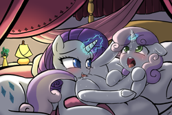 Size: 1125x750 | Tagged: explicit, artist:lumineko, rarity, sweetie belle, age difference, bed, belle sisters, cunnilingus, dock, duo, duo female, female, filly, foal, foalcon, g4, horn, hornjob, human vulva on pony, imported from derpibooru, incest, lesbian, magic, magical stimulation, mare, mare on filly, nudity, oral, pony, raricest, sex, ship:raribelle, shipping, siblings, sisters, unicorn, vaginal secretions, vulva