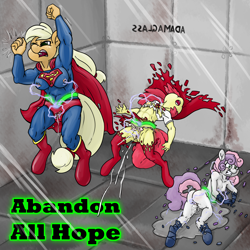 Size: 1500x1500 | Tagged: explicit, grimdark, artist:smudge proof, apple bloom, applejack, sweetie belle, abandon all hope, ahegao, anthro, app-el, breasts, clothes, costume, delicious flat chest, earth pony, edit, electrocution, fall of equestria, female, foalcon, g4, goddammit sirius, imported from derpibooru, kidnapped, mind break, nipples, nudity, orgasm, pain, rape, squirting, superfilly, supermare, sweetie do well, torn clothes, trapped, vaginal secretions