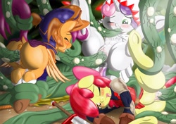 Size: 2560x1800 | Tagged: explicit, grimdark, artist:navanastra, apple bloom, scootaloo, sweetie belle, anus, blushing, clothes, cosplay, costume, creampie, cum, cutie mark crusaders, dragoon, female, filly, final fantasy, foal, foalcon, g4, imported from derpibooru, nudity, one eye closed, oral, penetration, rape, scootabutt, sex, tentacle blowjob, tentacles, tentacles on female, tongue out, underhoof, vaginal, warrior, white mage
