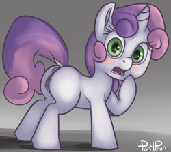 Size: 1941x1732 | Tagged: explicit, artist:ponypeon, sweetie belle, anatomically correct, anus, blush sticker, blushing, butt, clop artist training grounds, dark genitals, female, filly, foal, foalcon, g4, hoof over mouth, imported from derpibooru, looking at you, nudity, plot, ponut, pony, solo, solo female, unicorn, vulva