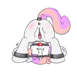 Size: 768x768 | Tagged: explicit, artist:lunasfolly, sweetie belle, anus, ass up, ballgag, bdsm, blushing, bondage, bruised, butt, clitoris, dock, face down ass up, female, filly, foal, foalcon, g4, gag, gaping, gaping anus, imported from derpibooru, nudity, plot, presenting, solo, solo female, spank mark, spreader bar, upside down, vagina