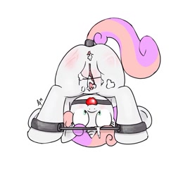 Size: 768x768 | Tagged: explicit, artist:lunasfolly, sweetie belle, aftersex, anal creampie, anus, ass up, ballgag, bdsm, blushing, bondage, butt, clitoris, creampie, cum, dock, face down ass up, female, filly, foal, foalcon, g4, gag, gaping, gaping anus, implied straight, imported from derpibooru, looking between legs, nudity, plot, presenting, solo, solo female, spank mark, spreader bar, upside down, vagina