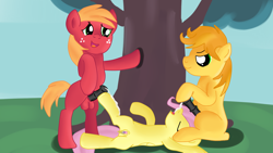 Size: 1280x720 | Tagged: explicit, artist:jbond, fluttershy, big macintosh, bipedal, braeburn, colt, colt big macintosh, cum, cumming, earth pony, eyes closed, facial, female, filly, foal, foalcon, g4, hind hoofjob, hoofjob, imported from derpibooru, lying down, male, masturbation, nudity, open mouth, pegasus, penis, pony, ship:braeshy, ship:fluttermac, shipping, sitting, stallion, straight, tree, trio, vaginal secretions, vector, vulva, younger
