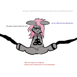 Size: 2000x2000 | Tagged: explicit, artist:nicklamare, oc, oc:nightengale, abuse, anus, broken rape victim, collar, crying, discorded, female, filly, foal, foalcon, glazed eyes, high res, imminent gangbang, imminent rape, implied rape, imported from derpibooru, mud pony, nudity, oc only, on back, original art, racism, simple background, solo, solo female, spread legs, spreading, tears of pain, tied up, underhoof, vulva, white background