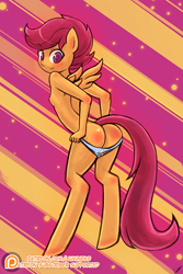 Size: 750x1125 | Tagged: questionable, artist:lumineko, scootaloo, anthro, apple bloomers, ass, bipedal, blue underwear, blushing, breasts, butt, clothes, cutie mark underwear, delicious flat chest, female, foalcon, g4, imported from derpibooru, looking back, nipples, nudity, panties, panties pulled down, patreon, pegasus, scootabutt, scootaflat, sideboob, smiling, solo, solo female, underwear, underwear swap, undressing