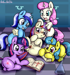 Size: 2550x2734 | Tagged: explicit, artist:anibaruthecat, twilight sparkle, amending fences, anus, blushing, book, braces, butt, canterlot six, clitoris, cute, cute porn, dock, erlenmeyer flask, female, females only, filly, filly lemon hearts, filly minuette, filly moondancer, filly twilight sparkle, filly twinkleshine, foal, foalcon, frog (hoof), g4, genitals, group, high res, human vulva, human vulva on pony, imported from derpibooru, lemon hearts, lemondancer, lesbian, mare, minuette, moondancer, my little pony: friendship is magic, nudity, pony, puckered asshole, quintet, season 5, sex education, ship:moonuette, ship:twidancer, ship:twinkledancer, shipping, spread legs, twibutt, twinkleshine, underhoof, unicorn, unicorn twilight, vagina, vaginal secretions, vulva, vulva blush, younger