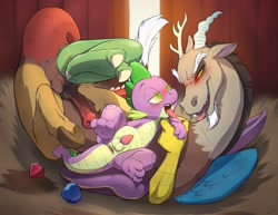 Size: 2169x1676 | Tagged: explicit, artist:cobaltsynapse, artist:dragk, spike, age difference, anus, balls, barbed penis, barn, big penis, blushing, discord, draconequus, dragon, duo, foalcon, g4, gay, horsecock, hypnosis, imported from derpibooru, knot, knotted horsecock, male, mind control, nudity, penis, red eyes, ship:dispike, shipping, size difference, tongue out, underhoof