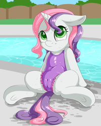 Size: 2000x2500 | Tagged: questionable, artist:fearingfun, editor:tk-clopper, sweetie belle, cameltoe, cute, cute porn, edit, female, filly, foal, foalcon, g4, high res, imminent foalcon, imported from derpibooru, looking up, nudity, pony, presenting, smiling, solo, solo female, swimming pool, underhoof, unicorn, water, wet, wet mane