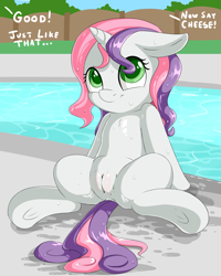 Size: 2000x2500 | Tagged: explicit, artist:fearingfun, sweetie belle, anus, cute, cute porn, dialogue, diasweetes, edit, female, filly, foal, foalcon, g4, genitals, high res, imminent foalcon, imported from derpibooru, looking up, nudity, offscreen character, pony, presenting, skinny dipping, smiling, solo, solo female, swimming pool, underhoof, unicorn, vulva, vulva blush, water, wet, wet mane